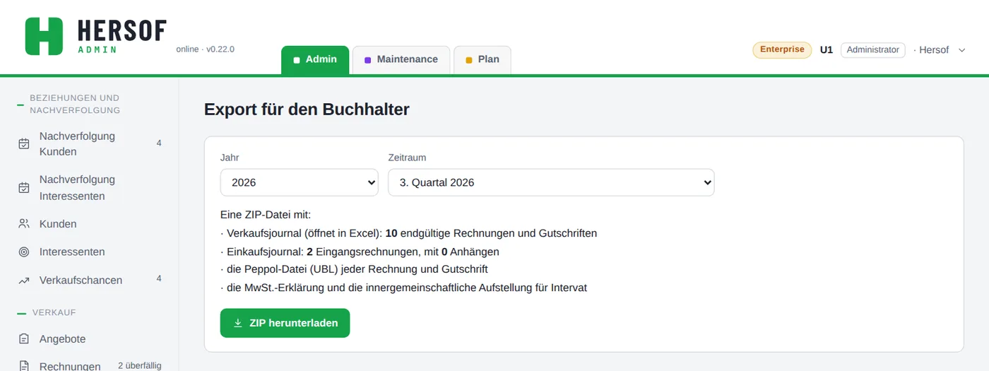 Bildschirm Export für den Buchhalter
