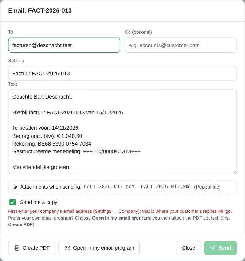 The window for emailing an invoice, with To, Cc, subject, text and the attachments
