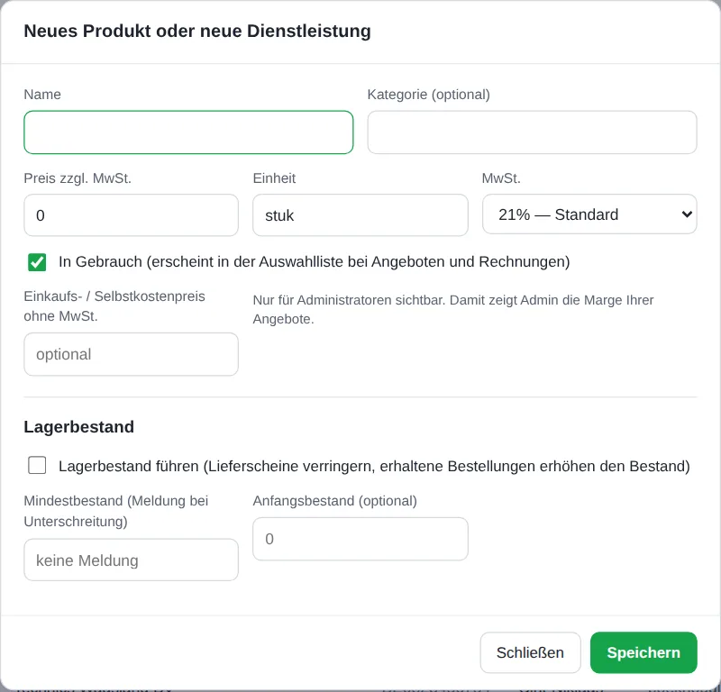 Fenster neues Produkt mit Preis, Einheit und MwSt.