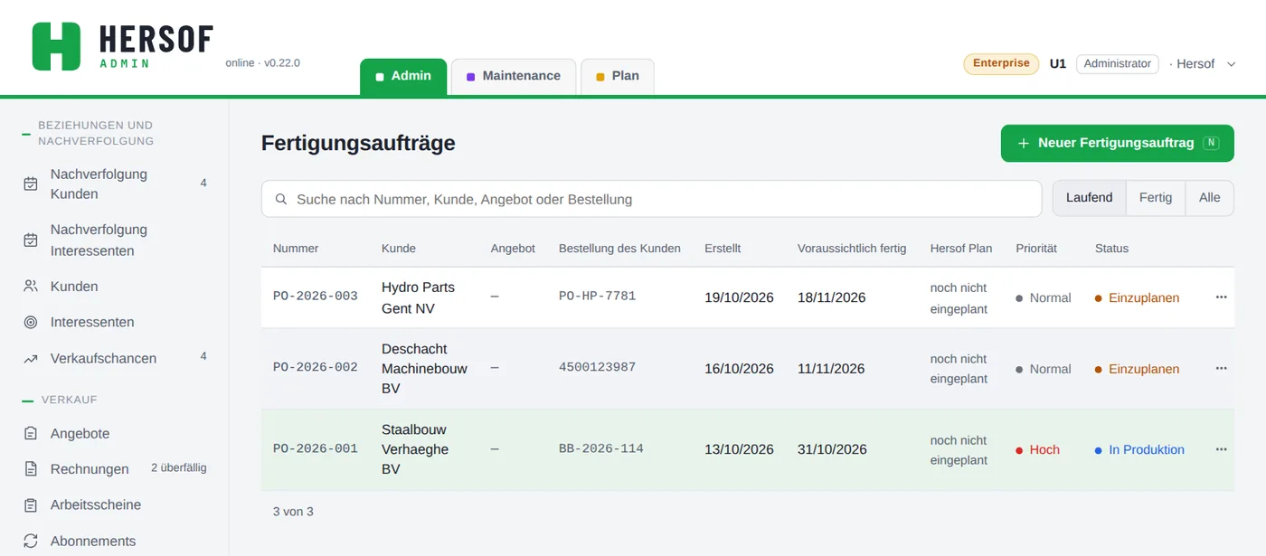 Liste der Fertigungsaufträge