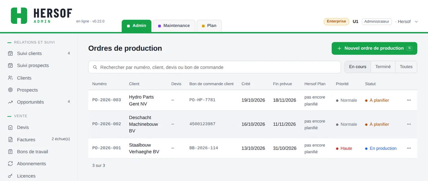 Liste des ordres de production