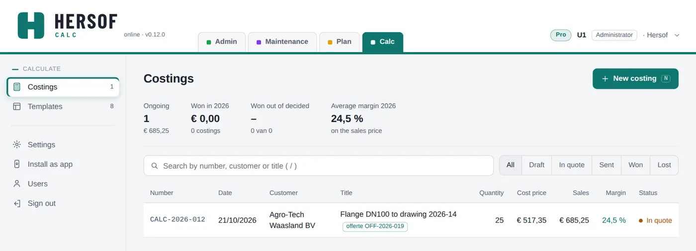 List of costings with number, customer, sales, margin and status