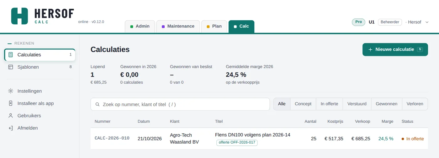 Lijst van calculaties met nummer, klant, verkoop, marge en status