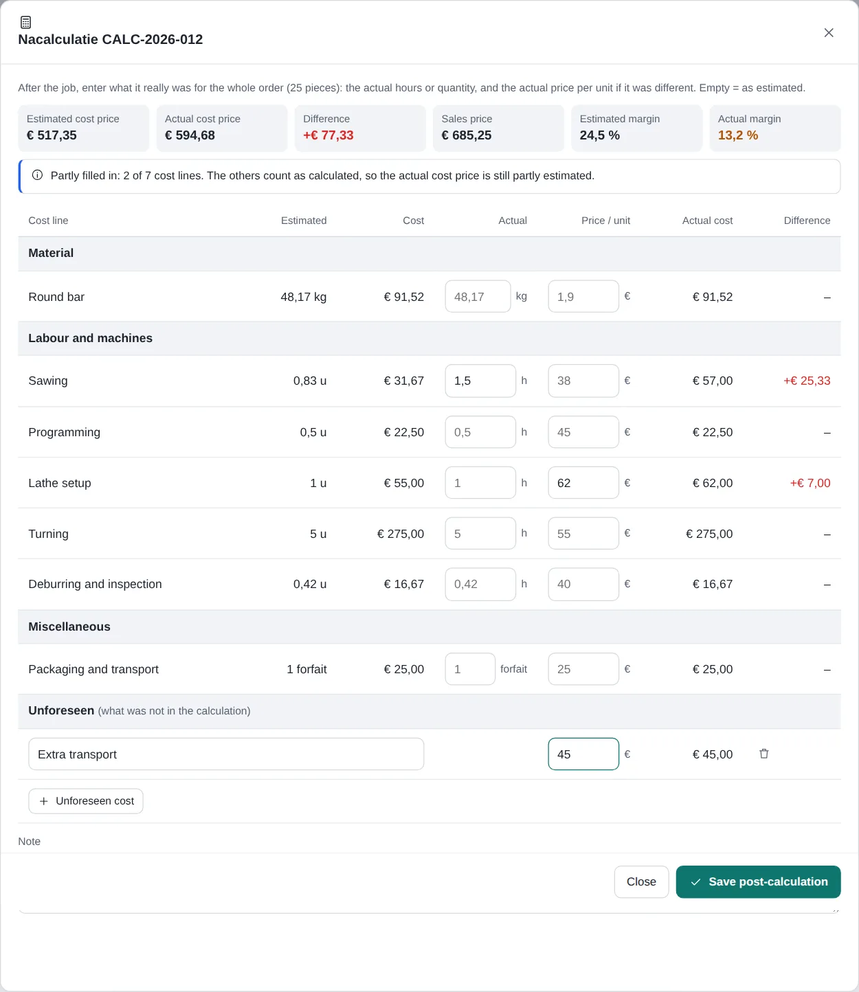 Post-calculation with estimated and actual per cost line