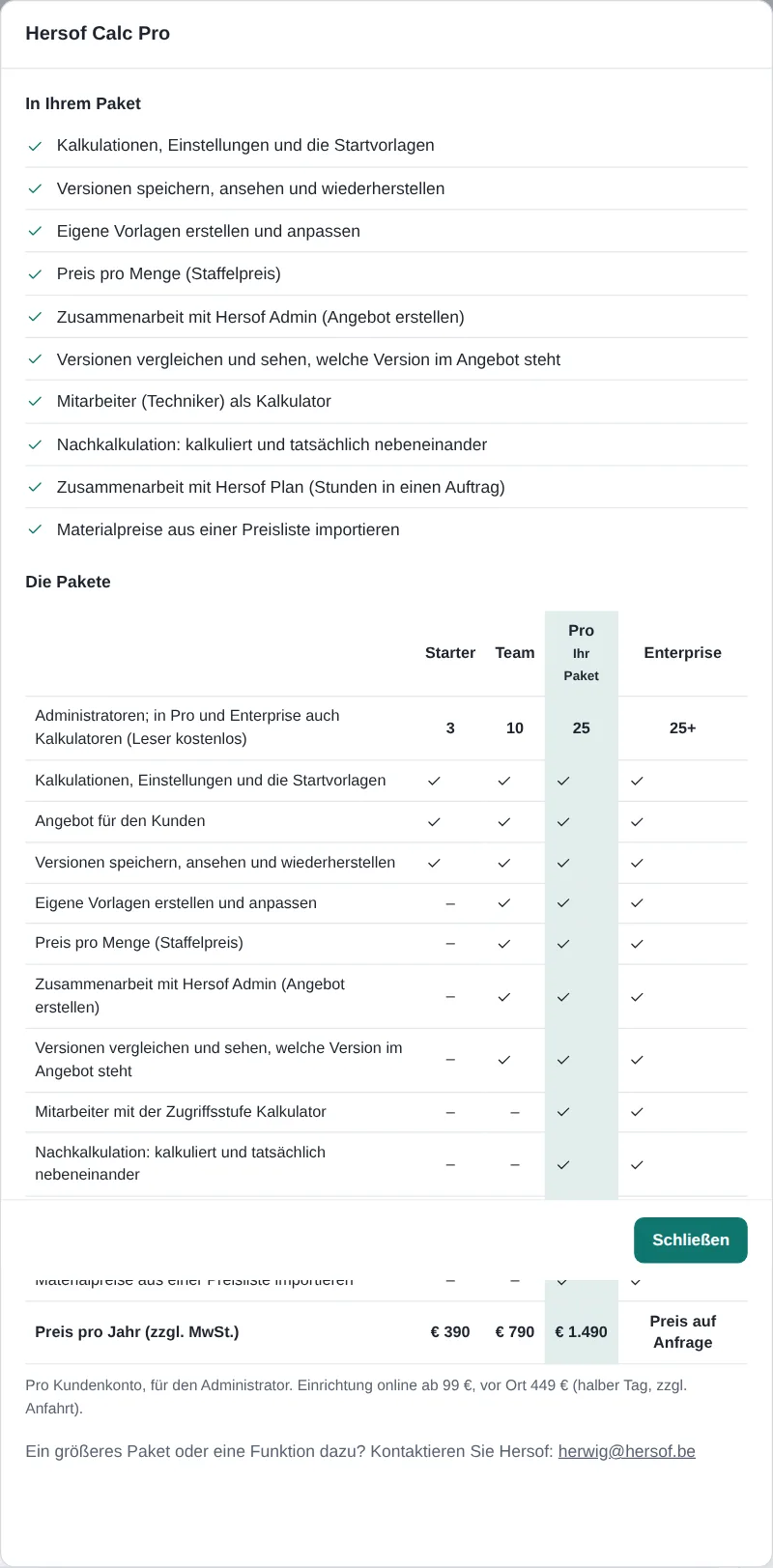 Übersicht der Pakete Starter, Team, Pro und Enterprise