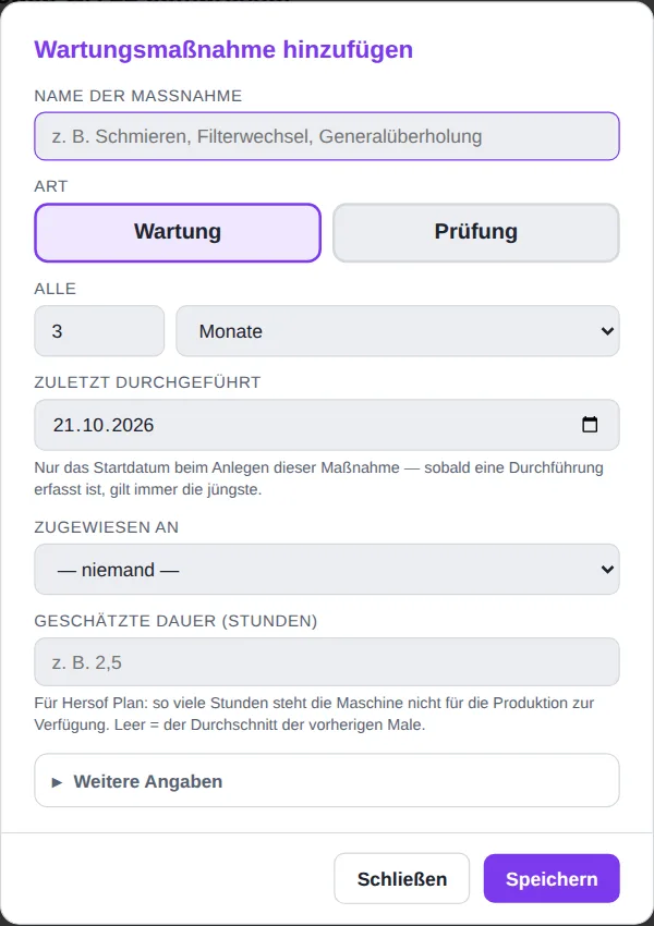 Fenster Wartungsmaßnahme hinzufügen