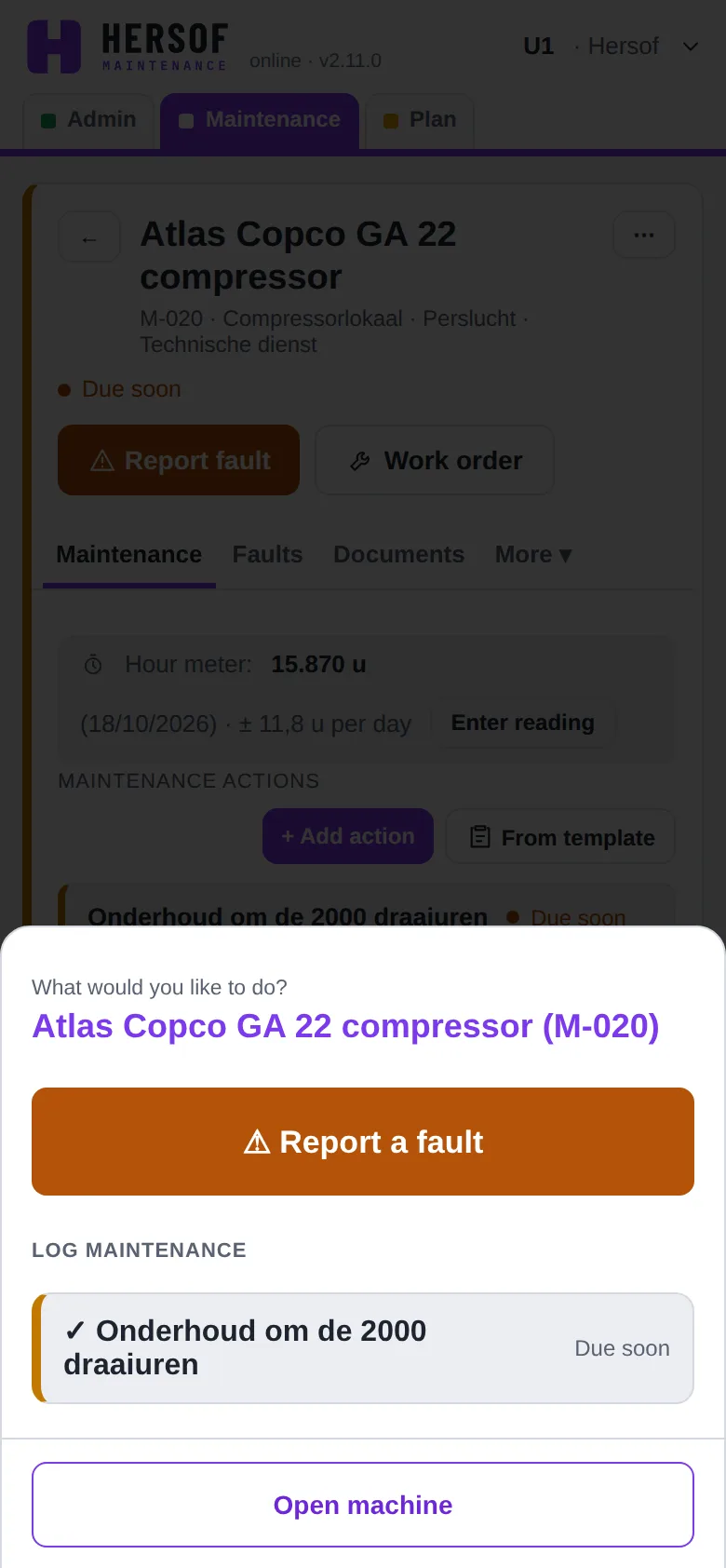 Phone screen after scanning: report a fault, record maintenance or open the machine