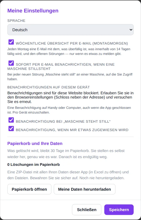 Fenster Meine Einstellungen mit E-Mail und Benachrichtigungen