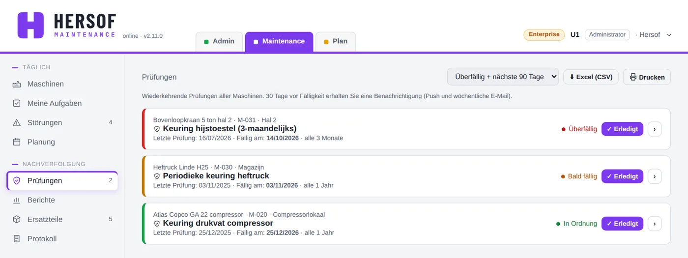 Übersicht der Prüfungen mit Fälligkeitsdatum