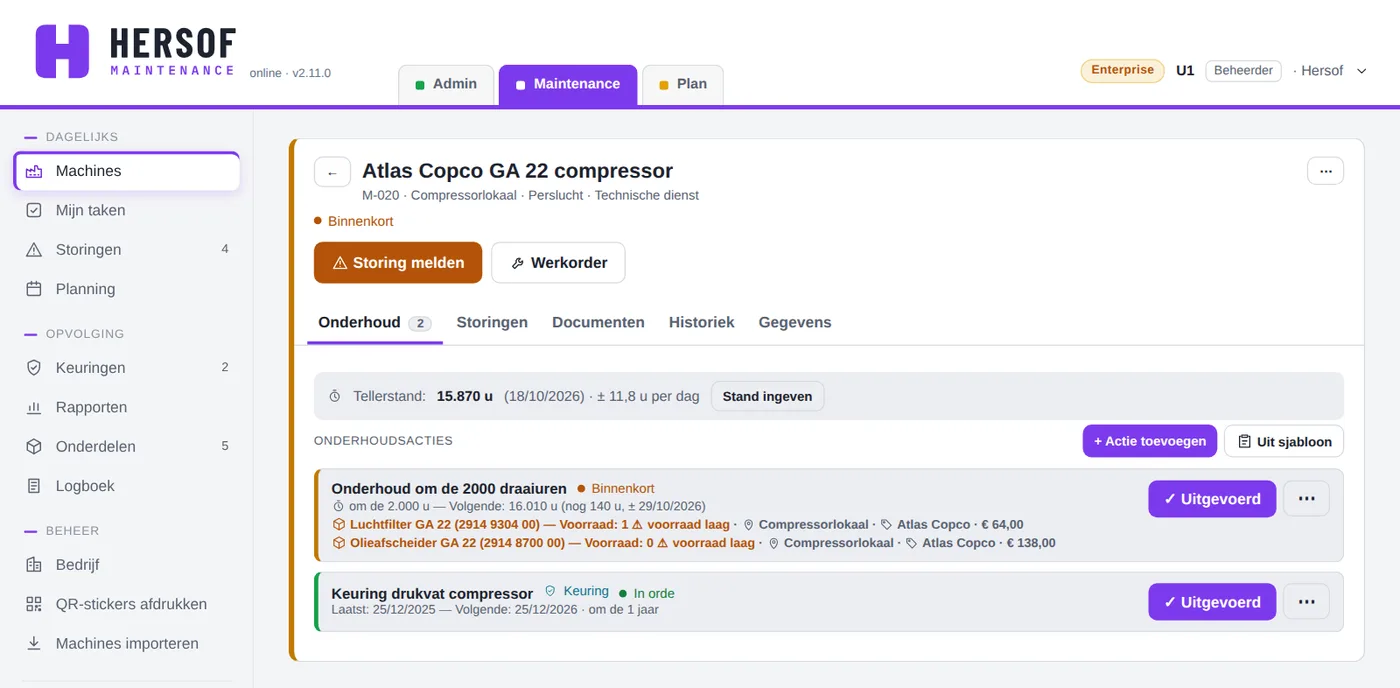 Detail van een compressor met tellerstand en twee onderhoudsacties