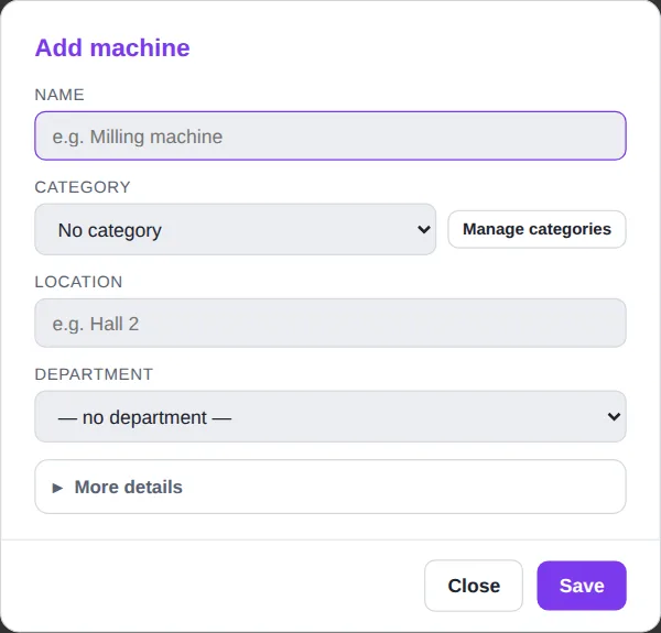 Add machine window with the fields name, category and location