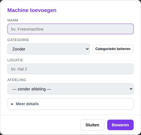 Venster Machine toevoegen met de velden naam, categorie en locatie
