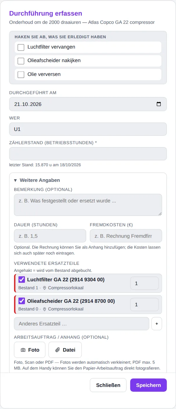 Fenster Arbeit erfassen mit Checkliste, Datum, Zählerstand und Ersatzteilen