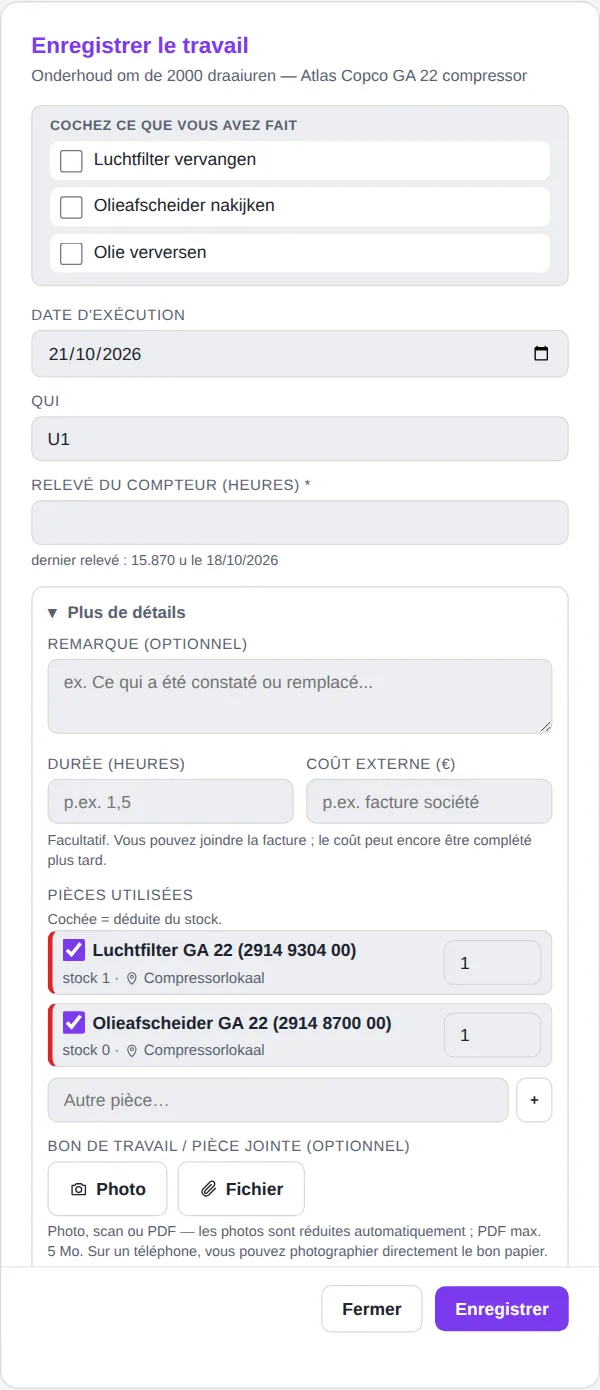 Fenêtre Enregistrer le travail avec checklist, date, relevé du compteur et pièces