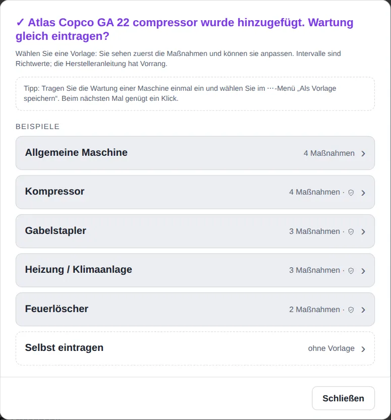 Vorlagenauswahl mit Beispielen wie Kompressor und Gabelstapler