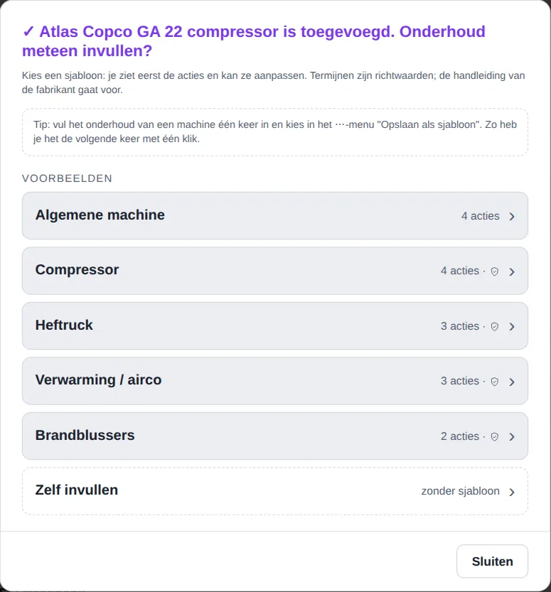 Sjabloonkiezer met voorbeelden zoals compressor en heftruck