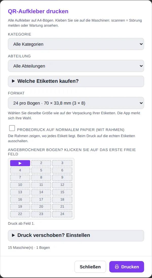 Fenster QR-Aufkleber drucken mit Format und Feldern