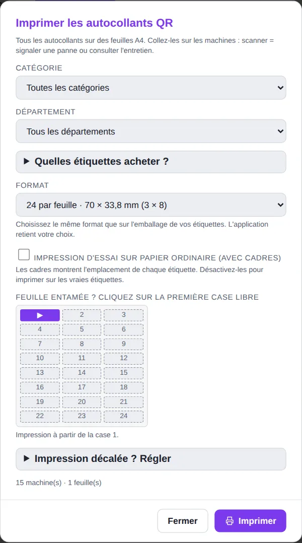 Fenêtre Imprimer les autocollants QR avec format et cases