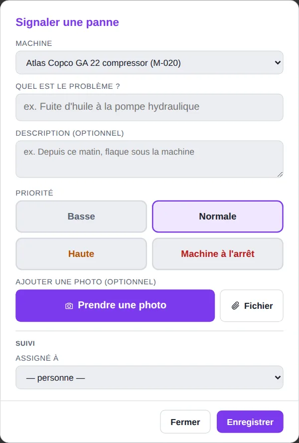 Fenêtre Signaler une panne avec priorité et photo