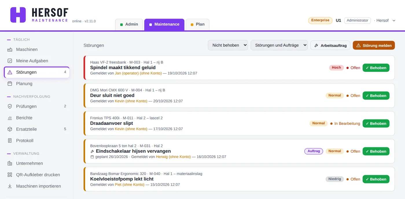 Liste der Störungen und Arbeitsaufträge mit ihrem Status