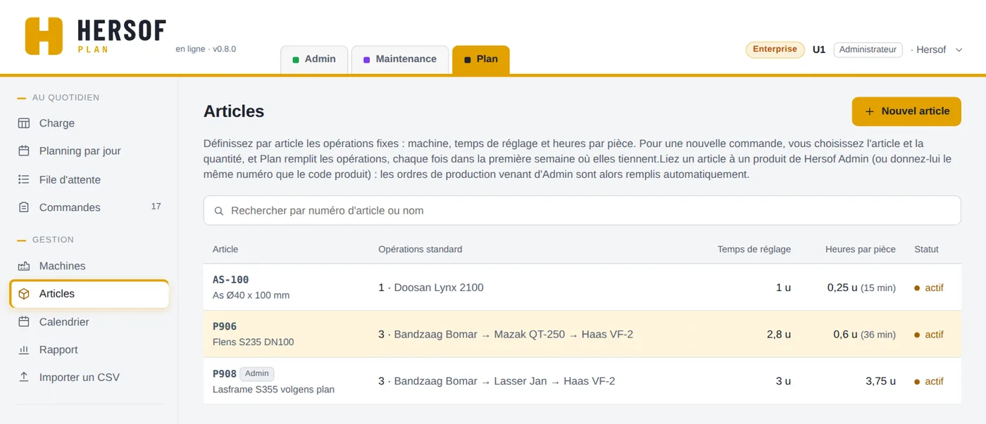 Liste des articles avec opérations standard
