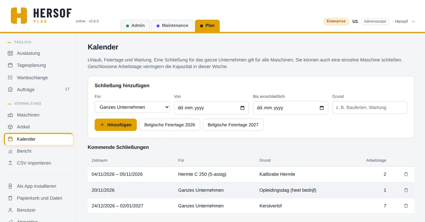 Kalender mit Schließungen und den Schaltflächen für belgische Feiertage