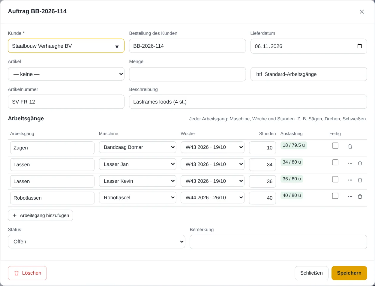 Fenster eines Auftrags mit zwei Arbeitsgängen