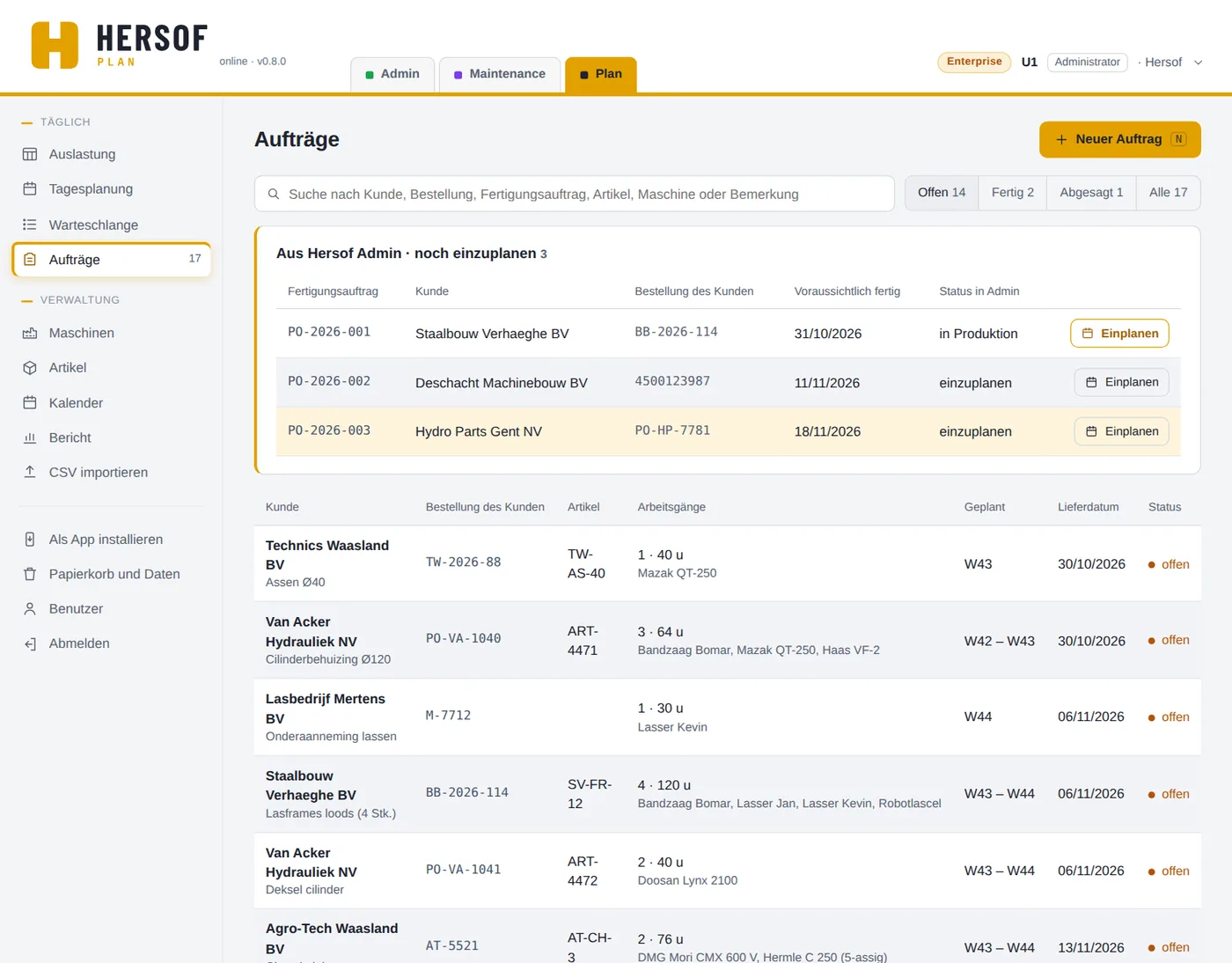 Liste der Aufträge, oben Fertigungsaufträge aus Admin