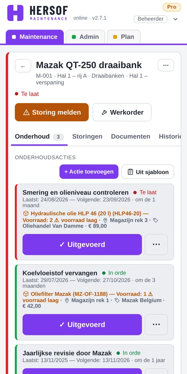 Machine met onderhoudstaken op de gsm