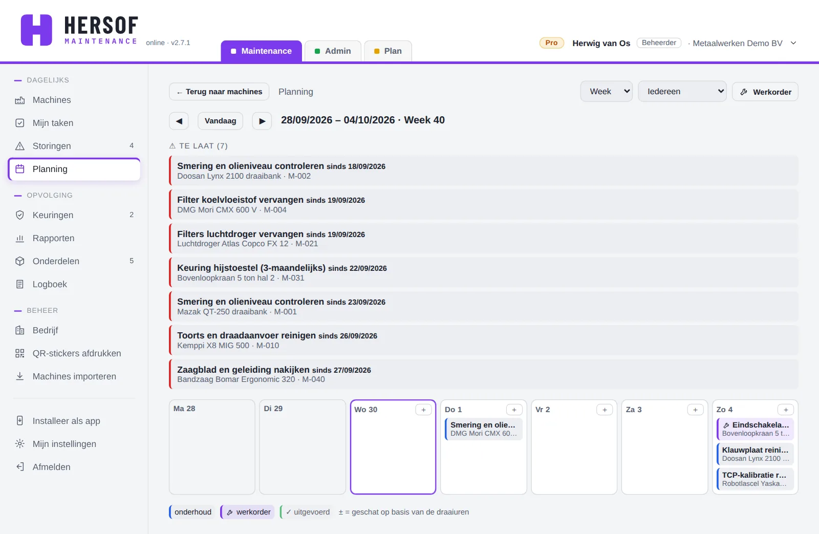 Planningskalender per week